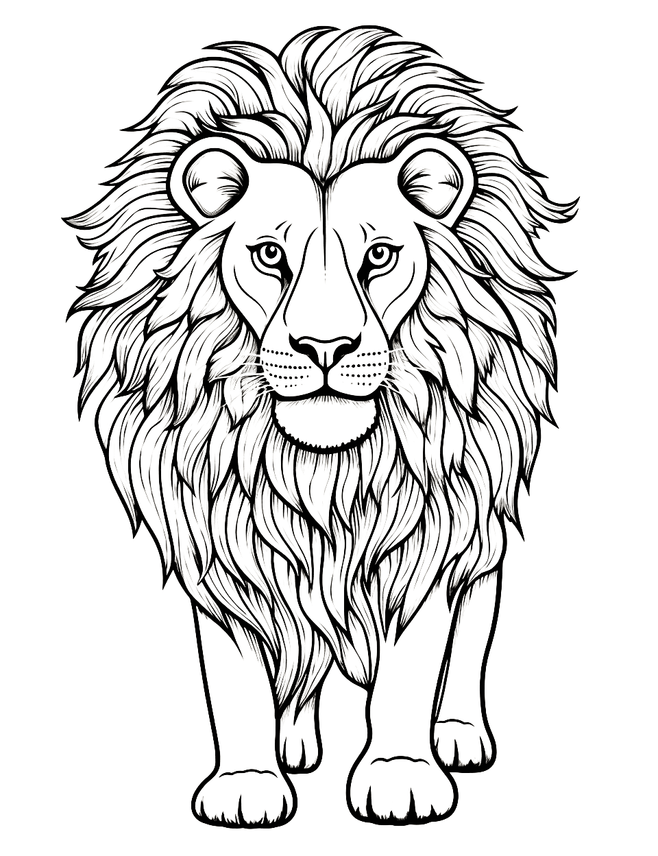 Realistic Lion Coloring Page - A majestic lion with a flowing mane in its natural habitat.