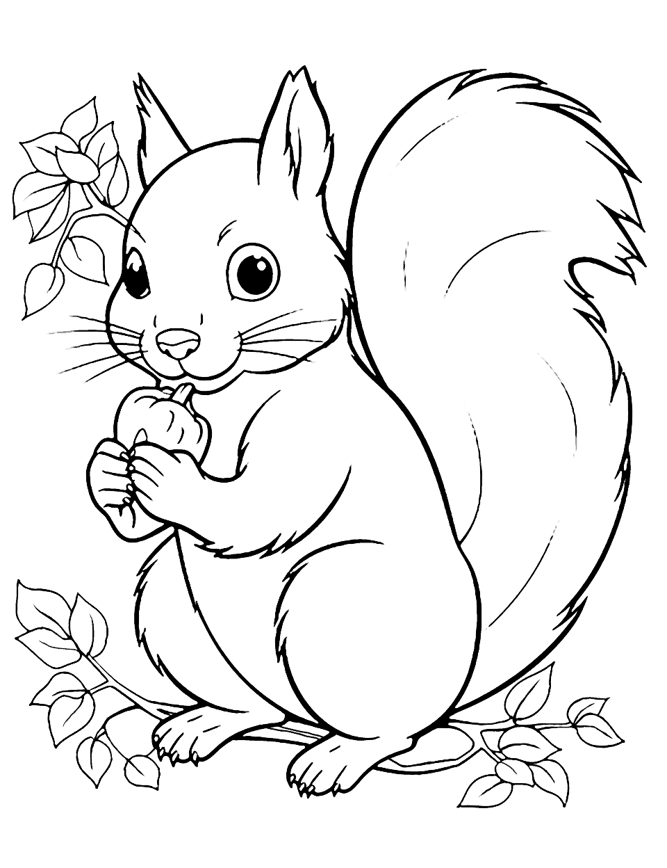 Curious Squirrel Animal Coloring Page - A curious squirrel perched on a tree branch, holding an acorn.