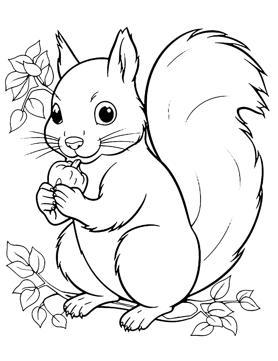 Curious Squirrel Coloring Page - A curious squirrel perched on a tree branch, holding an acorn.