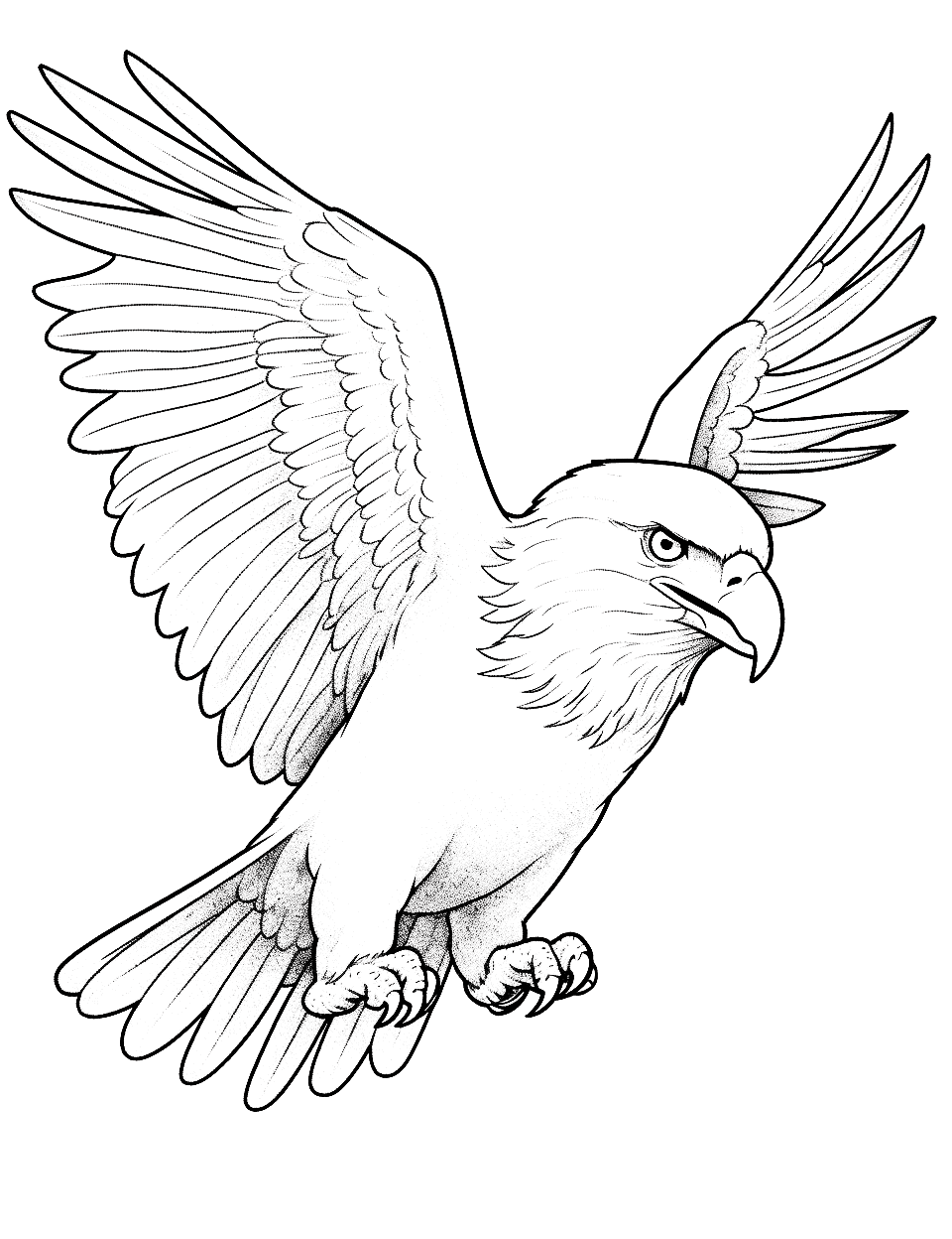 Majestic Bald Eagle Coloring Page - A powerful bald eagle soaring through the sky.