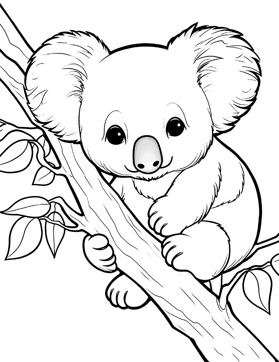 Sleepy Koala Animal Coloring Page - A sleepy koala cuddled up on a eucalyptus tree branch.