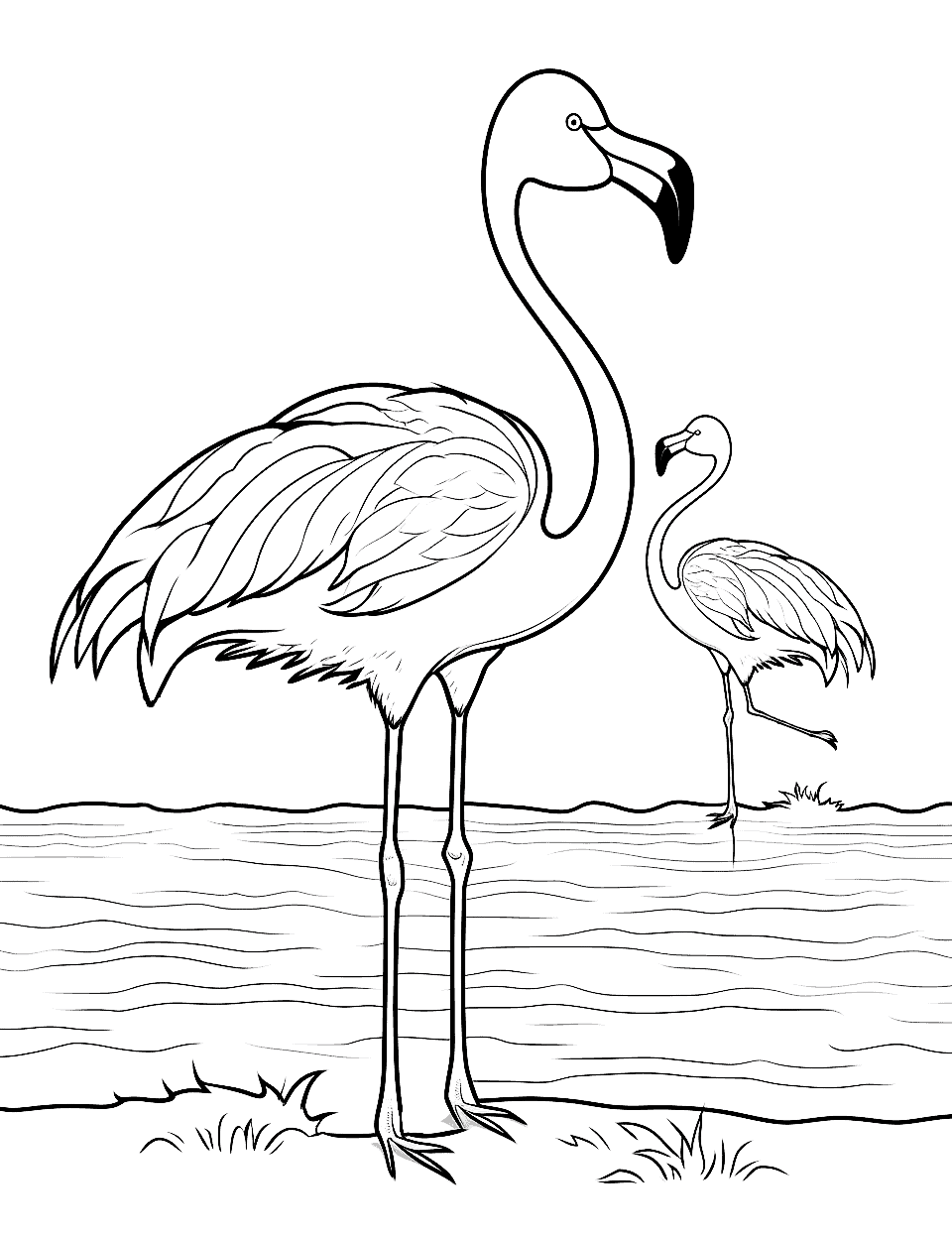 Flamingo Paradise Coloring Page - A flock of elegant flamingos wading in a beautiful lagoon.