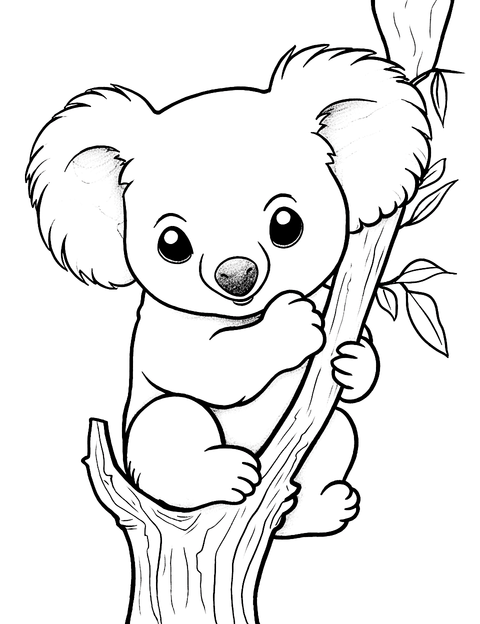 Climbing Koala Animal Coloring Page - A koala climbing up a eucalyptus tree with a curious expression.