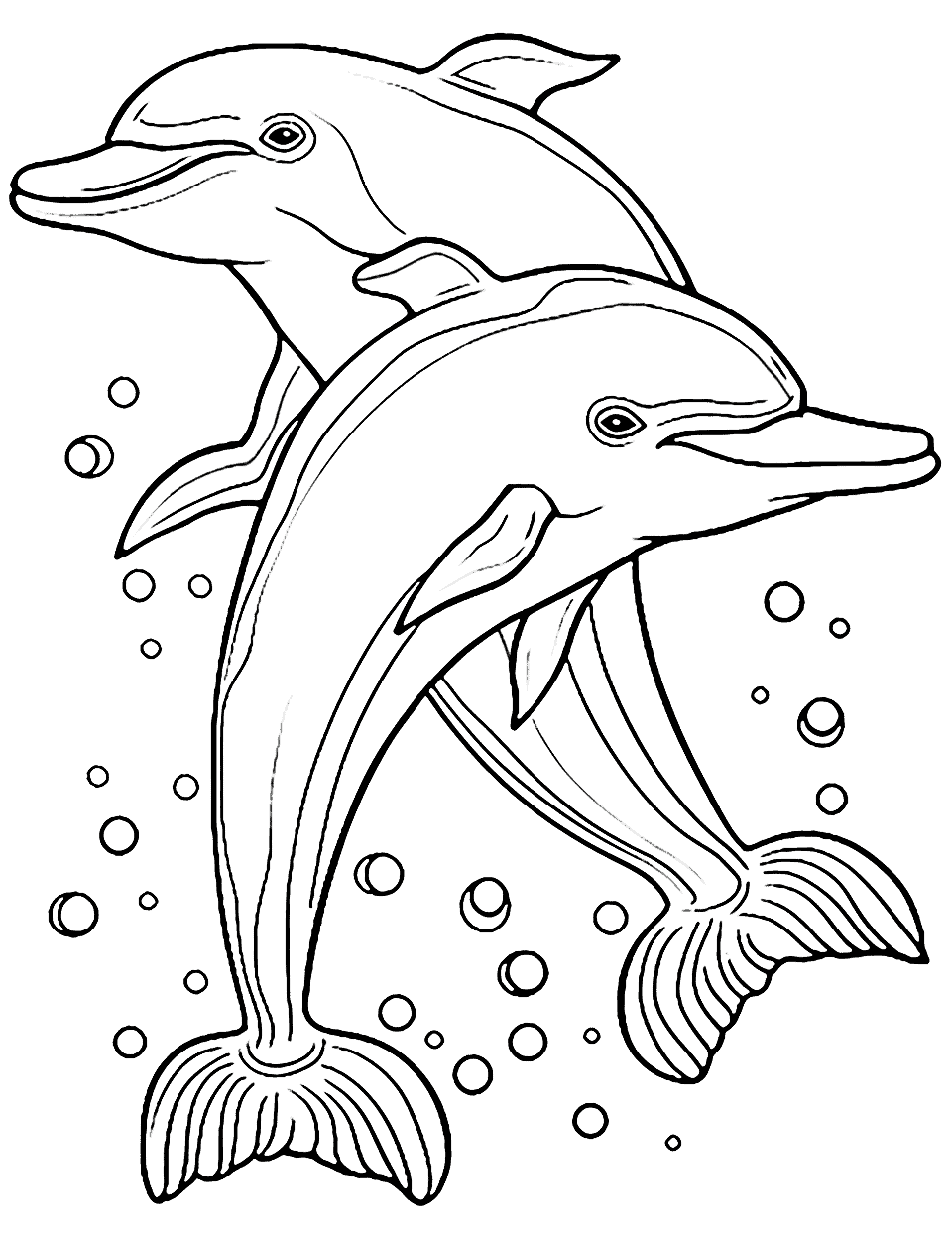 Friendly Dolphins Animal Coloring Page - Two dolphins swimming side by side, looking friendly and cheerful.