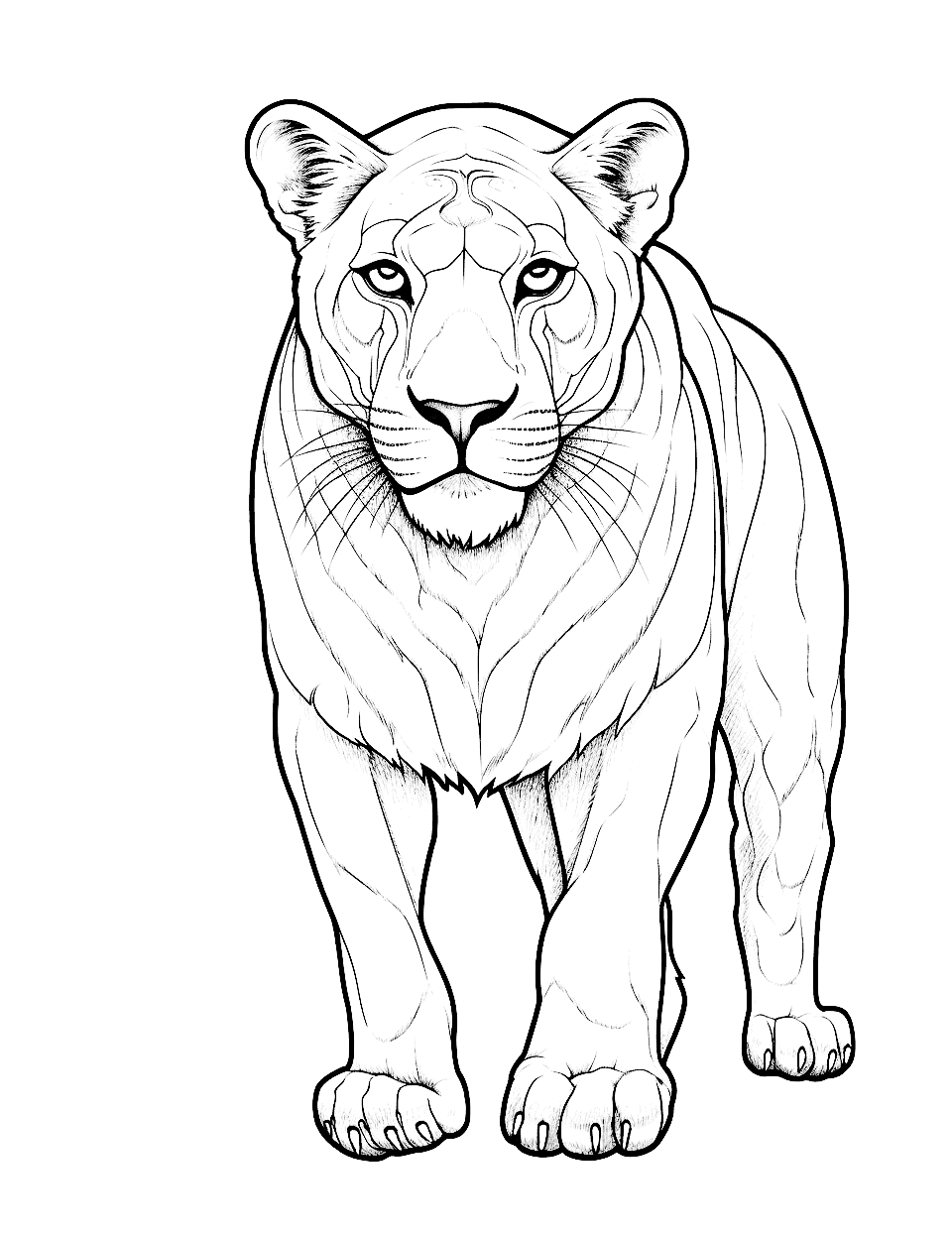 Majestic Lioness Animal Coloring Page - A lioness with a fierce gaze, protecting her pride.