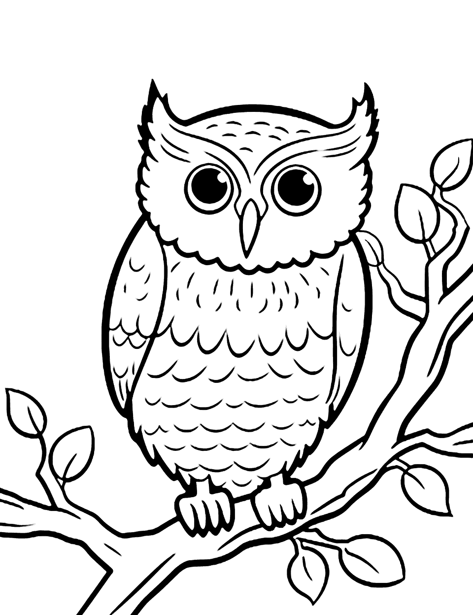 Wise Owl in a Tree Animal Coloring Page - An owl perched on a tree branch with wide eyes and a contemplative look.