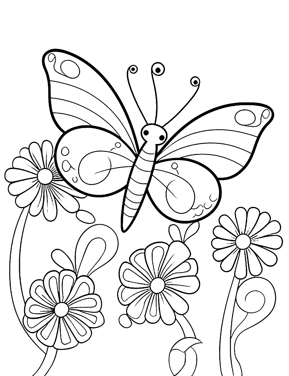 Butterflies and Flowers Animal Coloring Page - Butterflies fluttering around a garden filled with blooming flowers.