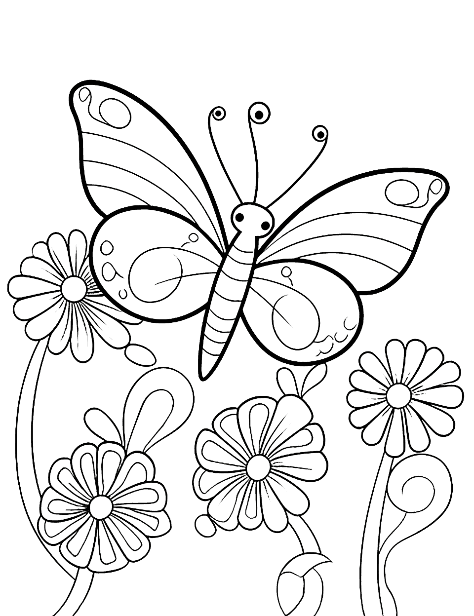 Butterflies and Flowers Coloring Page - Butterflies fluttering around a garden filled with blooming flowers.