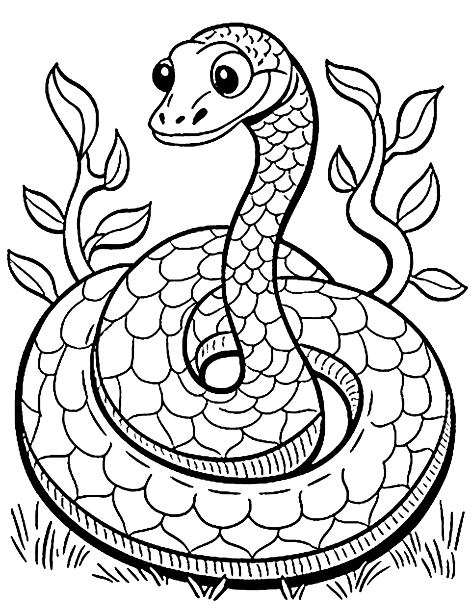 Jungle Snake Animal Coloring Page - A colorful snake coiled on a branch, ready to strike.