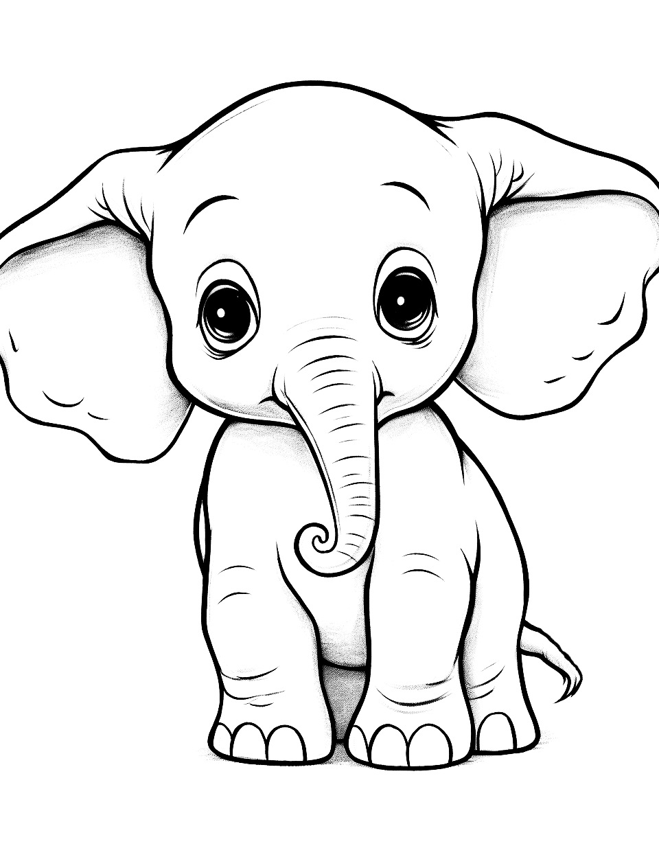 Baby Elephant Animal Coloring Page - A cute baby elephant with large ears and a tiny trunk.