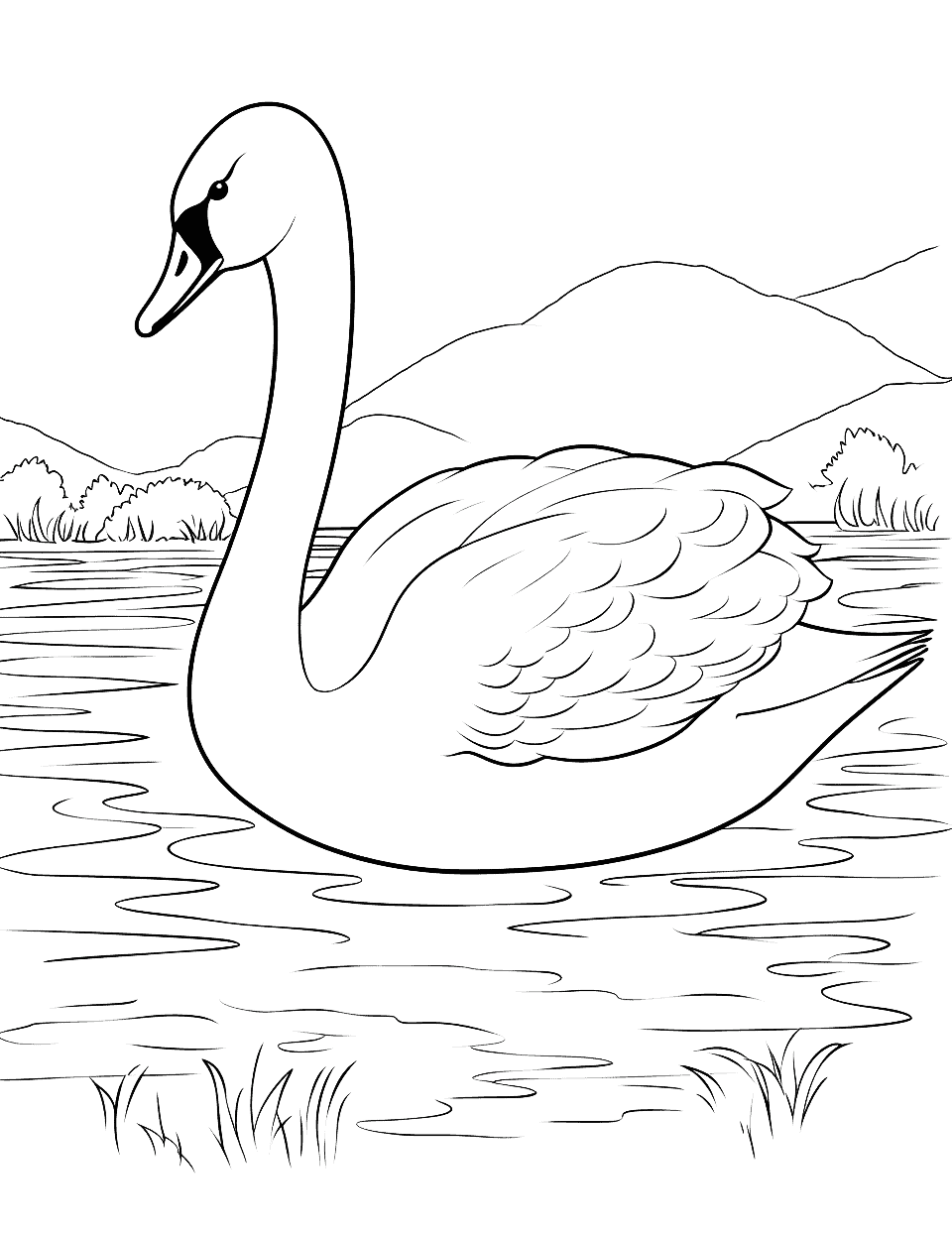 Graceful Swan Lake Coloring Page - A serene lake with a graceful swan gliding on its surface.