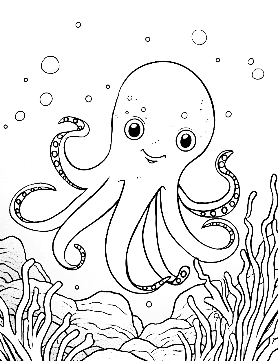 Curious Octopus Animal Coloring Page - An octopus peeking out from behind coral in an underwater scene.