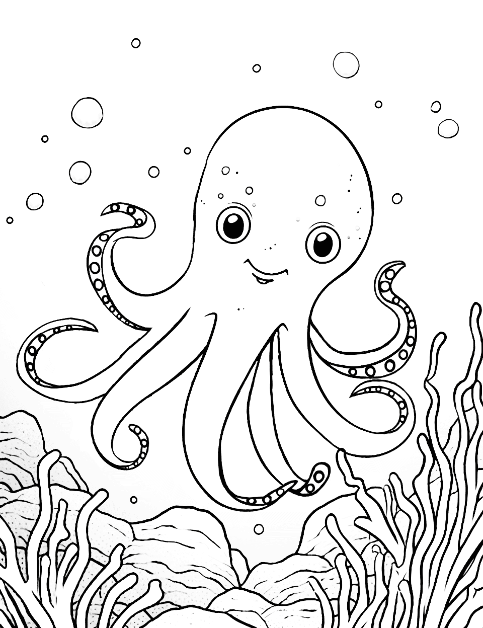 Curious Octopus Coloring Page - An octopus peeking out from behind coral in an underwater scene.