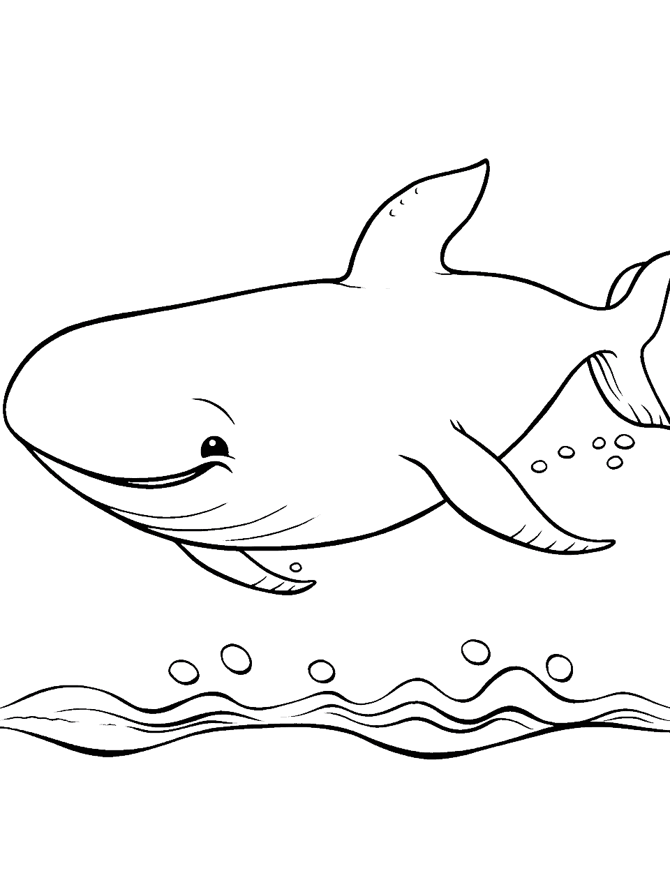 Smiling Whale Animal Coloring Page - A friendly whale with a big smile swimming in the ocean.