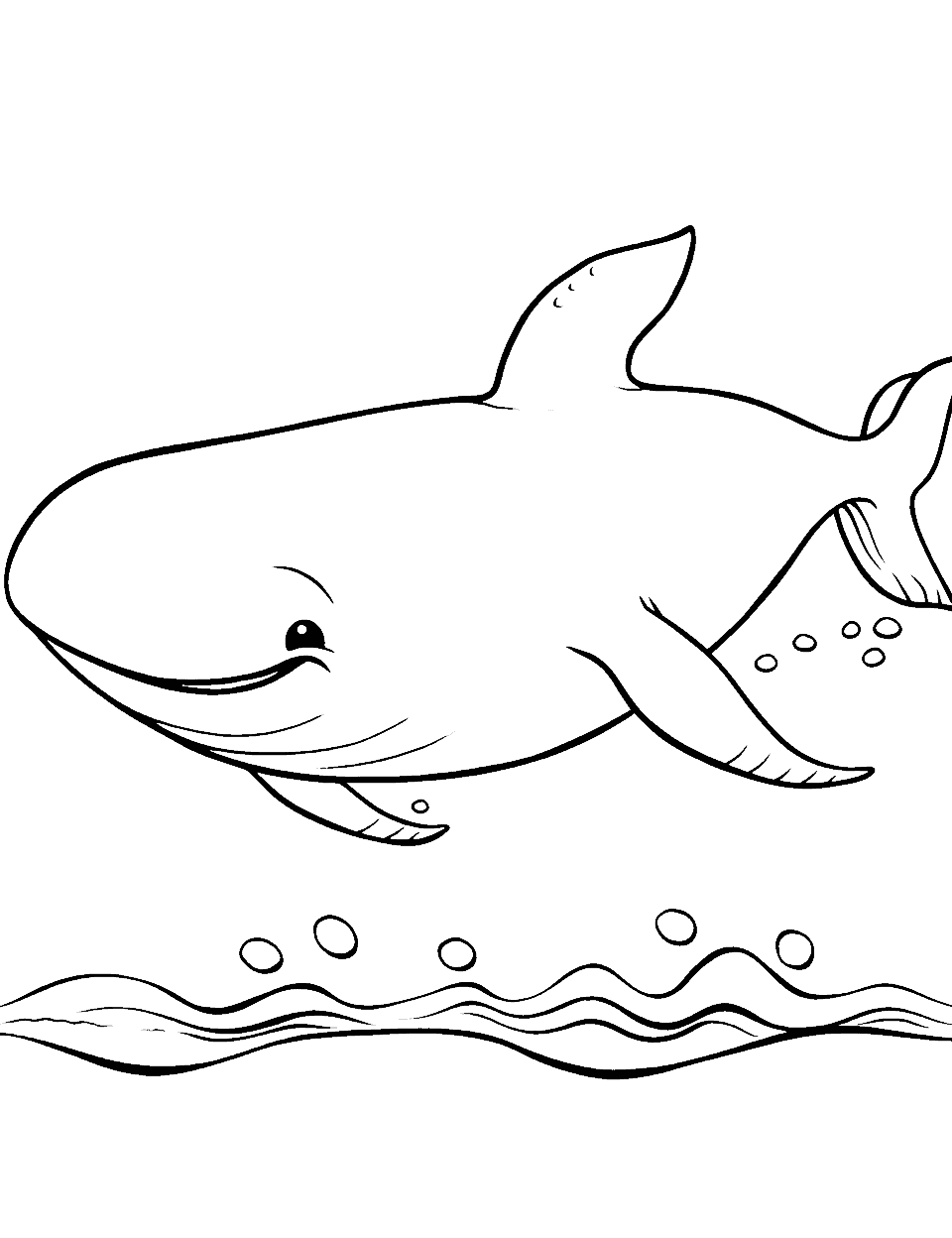 Smiling Whale Coloring Page - A friendly whale with a big smile swimming in the ocean.