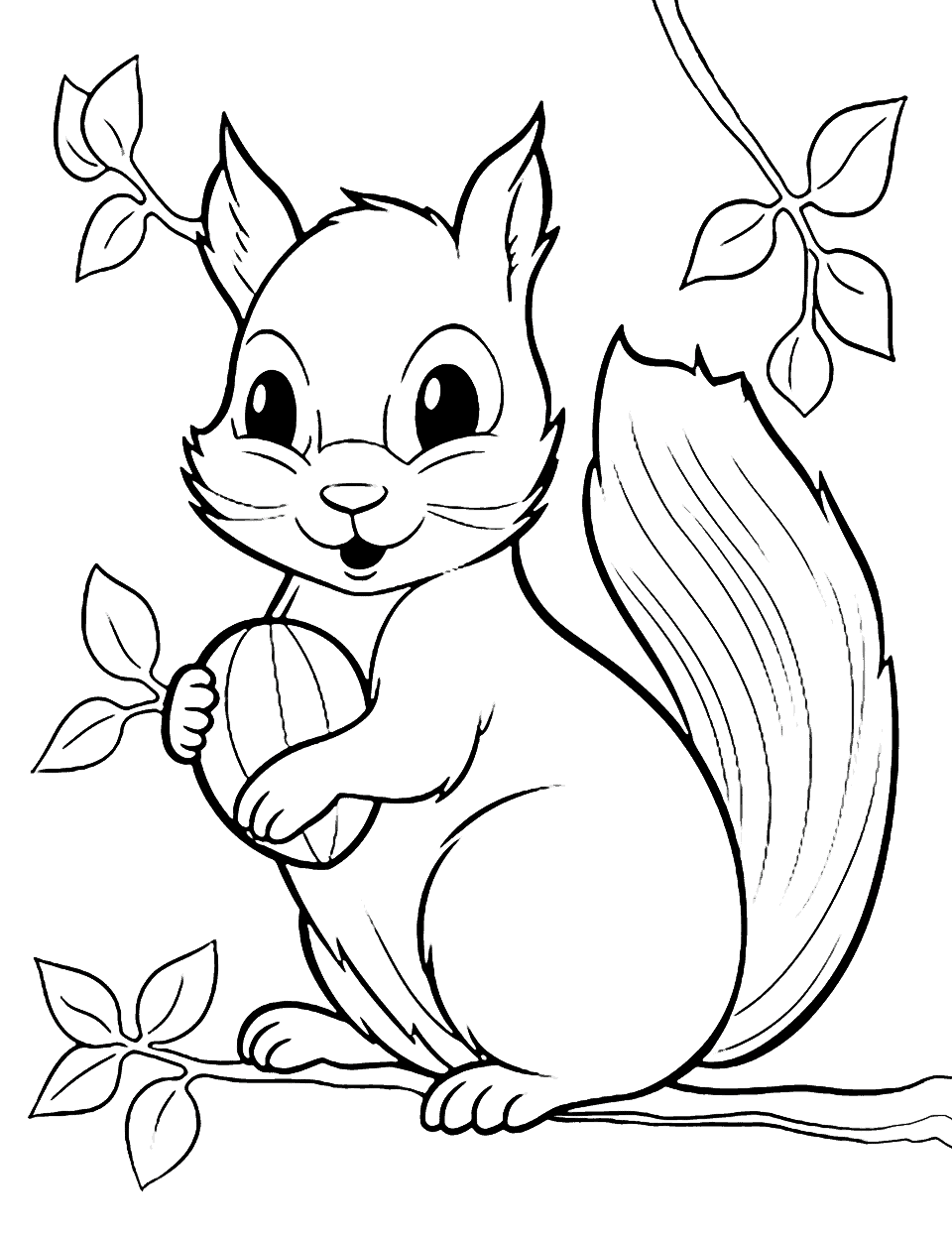 Happy Squirrel Animal Coloring Page - A squirrel with a nut in its paws sitting on a tree branch.