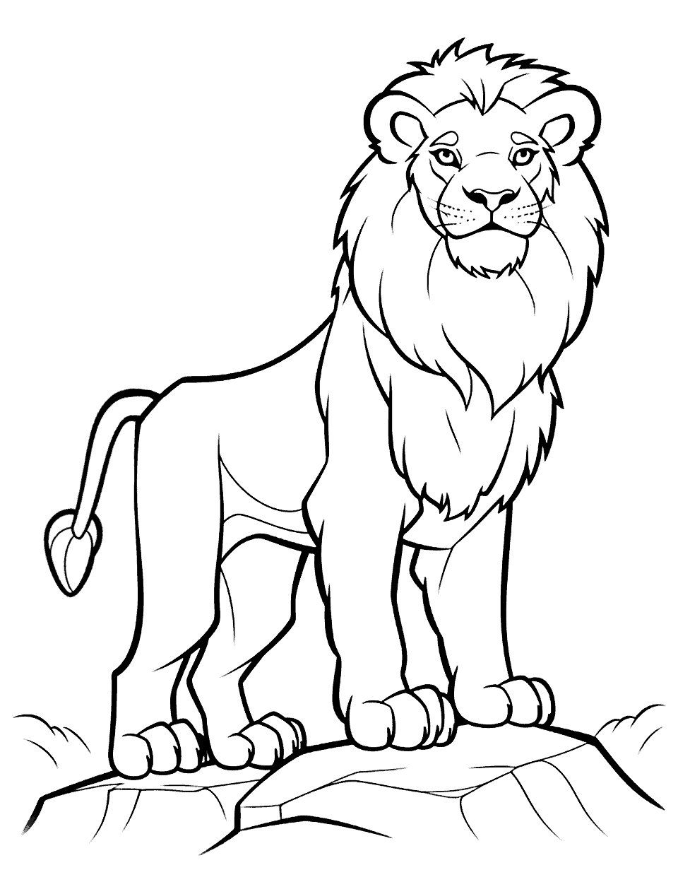 Lion King Animal Coloring Page - A lion standing on a rocky outcrop, looking regal and powerful.