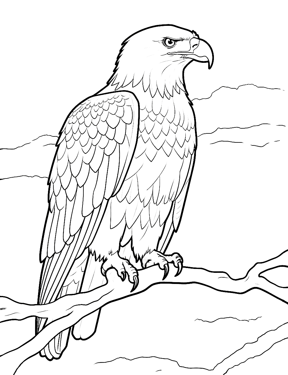 Wise Bald Eagle Animal Coloring Page - A bald eagle perched on a branch, observing its surroundings. Wise Bald Eagle Animal Coloring Page - A bald eagle perched on a branch, observing its surroundings.