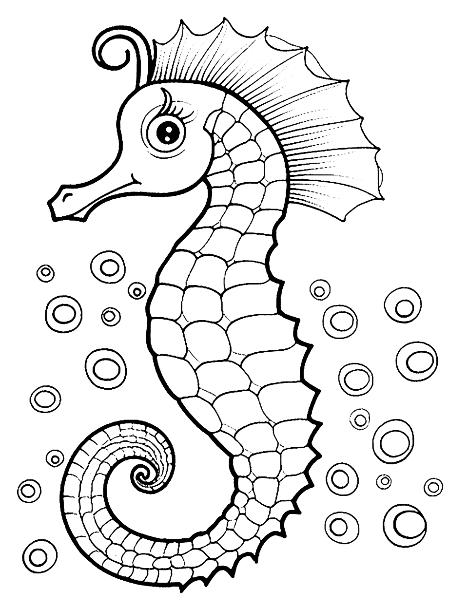 Gentle Seahorse Animal Coloring Page - A delicate seahorse gracefully swimming in the sea.