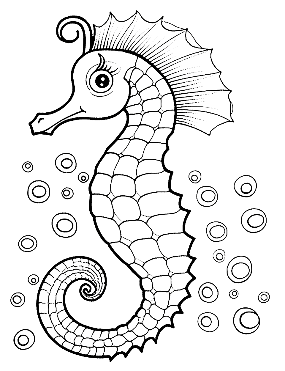 Gentle Seahorse Coloring Page - A delicate seahorse gracefully swimming in the sea.