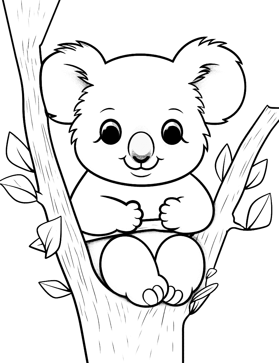 Wise Koala Animal Coloring Page - A koala perched on a tree branch with a calm and knowing expression. Wise Koala Animal Coloring Page - A koala perched on a tree branch with a calm and knowing expression.
