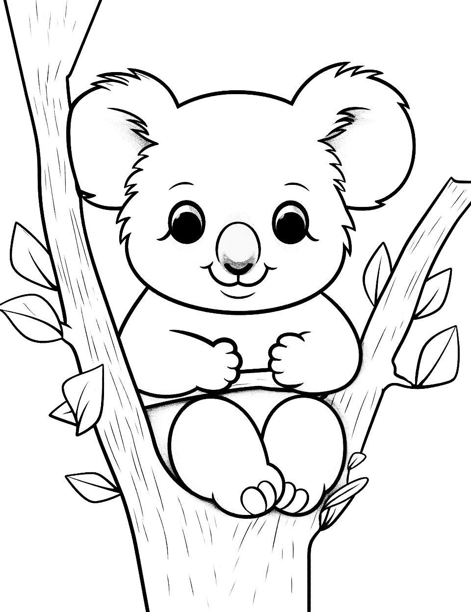 Wise Koala Animal Coloring Page - A koala perched on a tree branch with a calm and knowing expression.