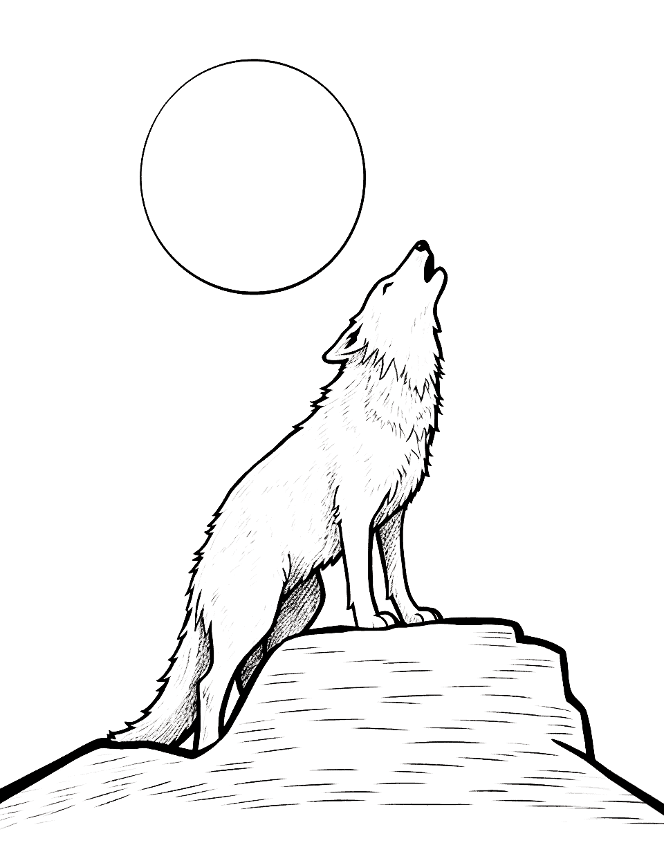 Wolf Howling at the Moon Animal Coloring Page - A wolf standing on a rocky cliff, howling at the full moon.
