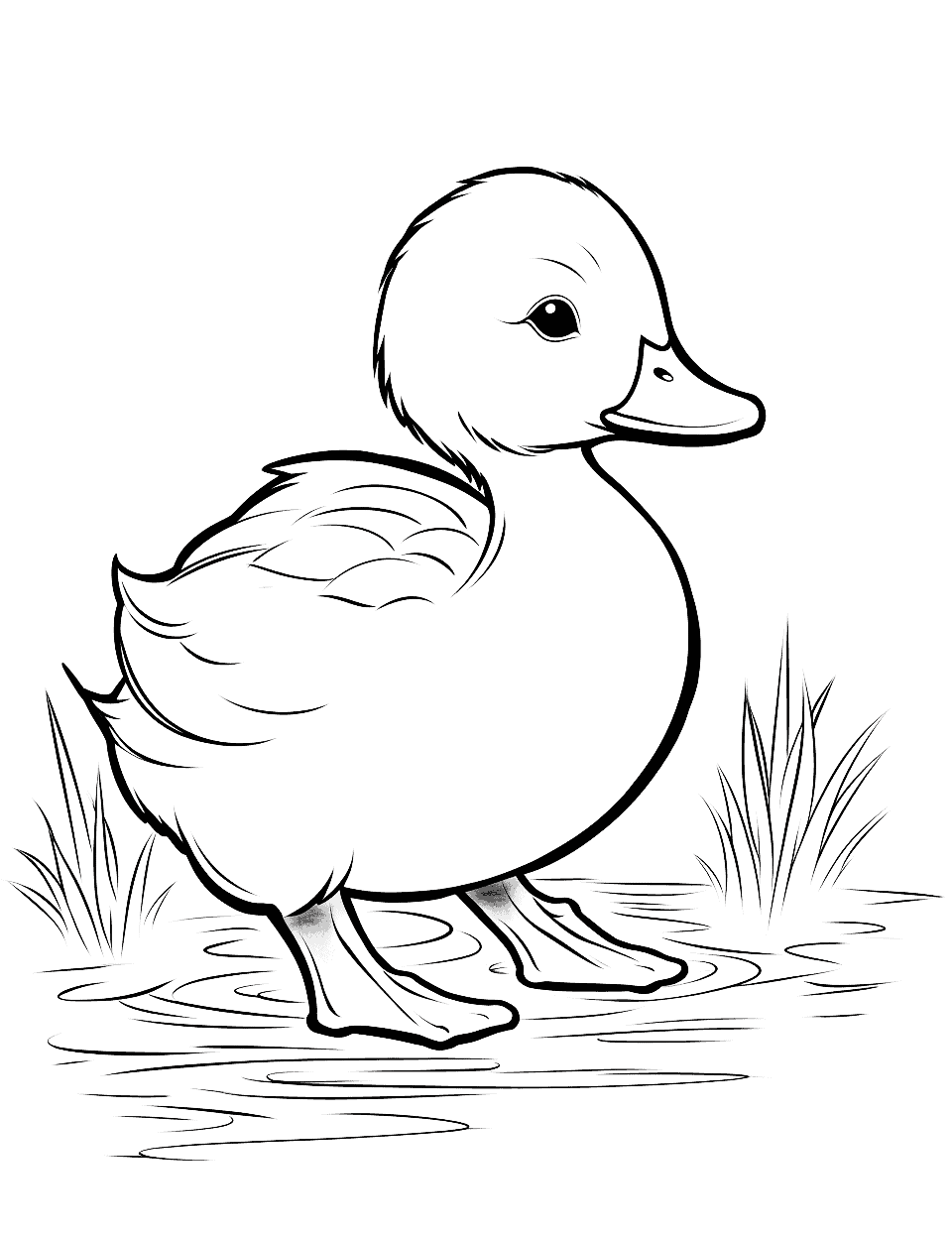 Fluffy Duck Coloring Page - A fluffy duckling with soft feathers floating in a pond.