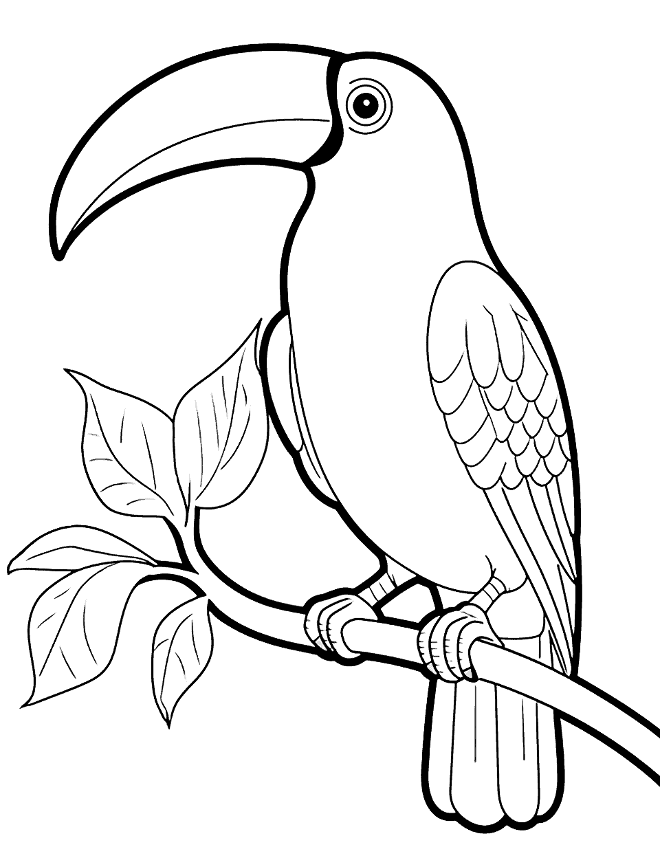 Colorful Toucan Coloring Page - A vibrant toucan perched on a tree branch with its colorful beak.