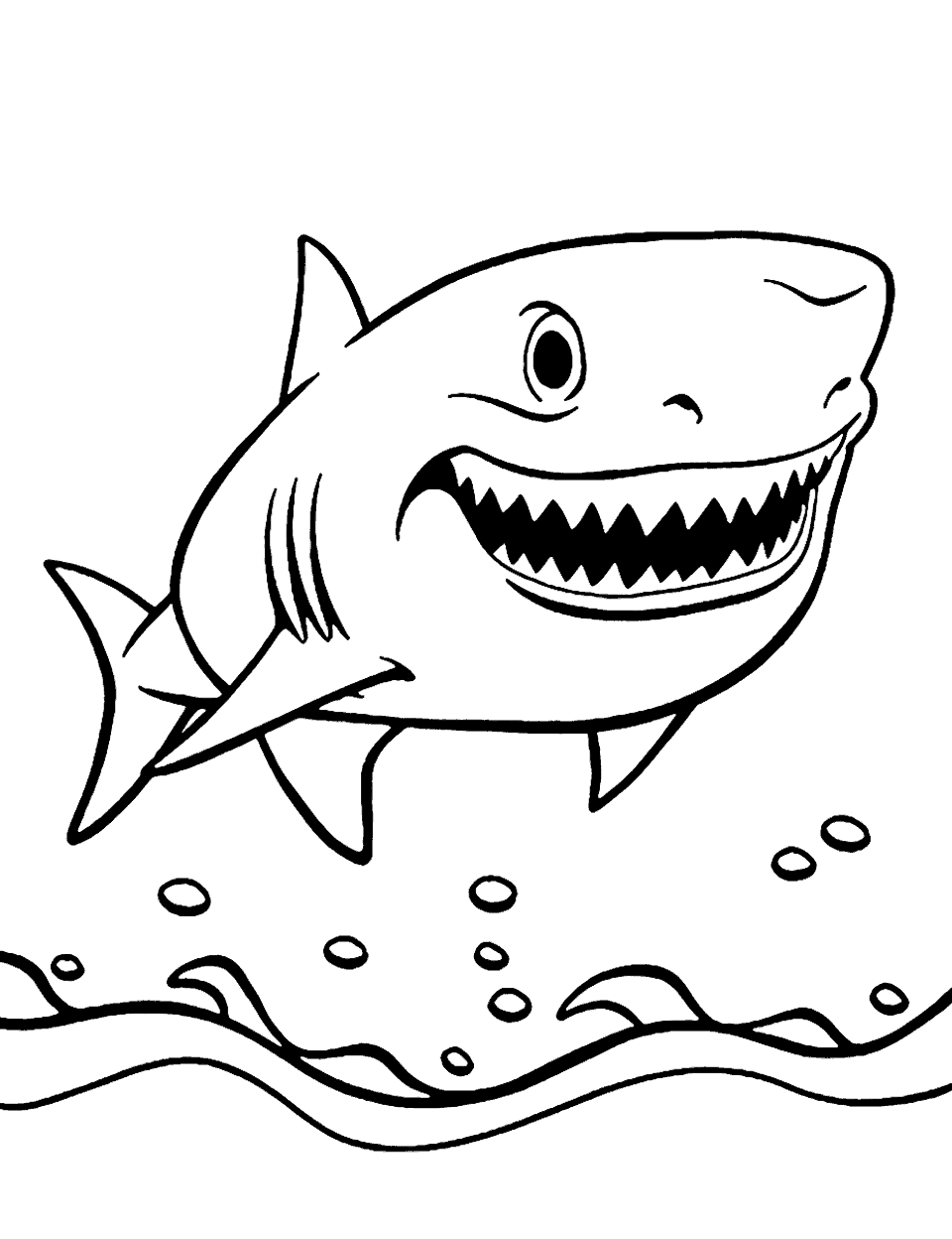 Smiling Shark Coloring Page - A friendly shark swimming in the ocean with a grin on its face.