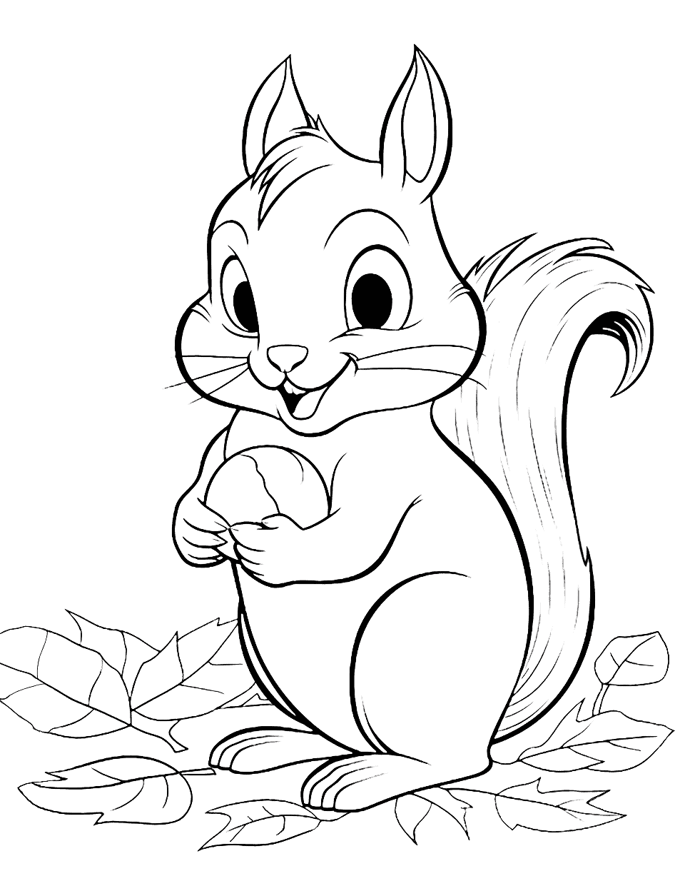 Happy Chipmunk Animal Coloring Page - A chipmunk happily gathering nuts and acorns in a forest.