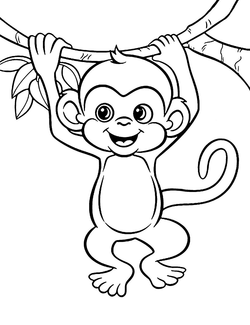 Playful Monkey Hanging Animal Coloring Page - A monkey swinging from branch to branch, showing off its agility.