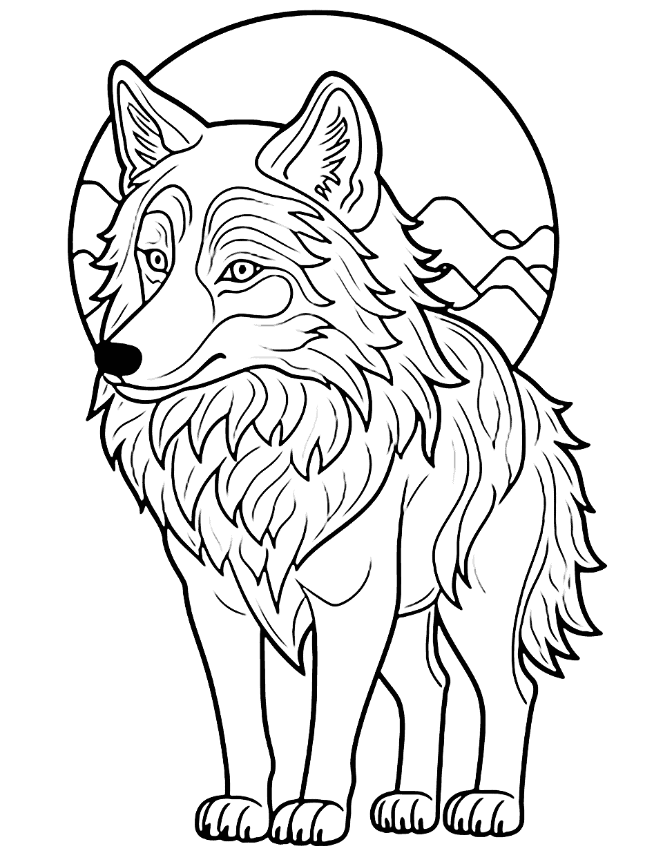 Wise Wolf Coloring Page - A wise and majestic wolf with piercing eyes and a serene expression.