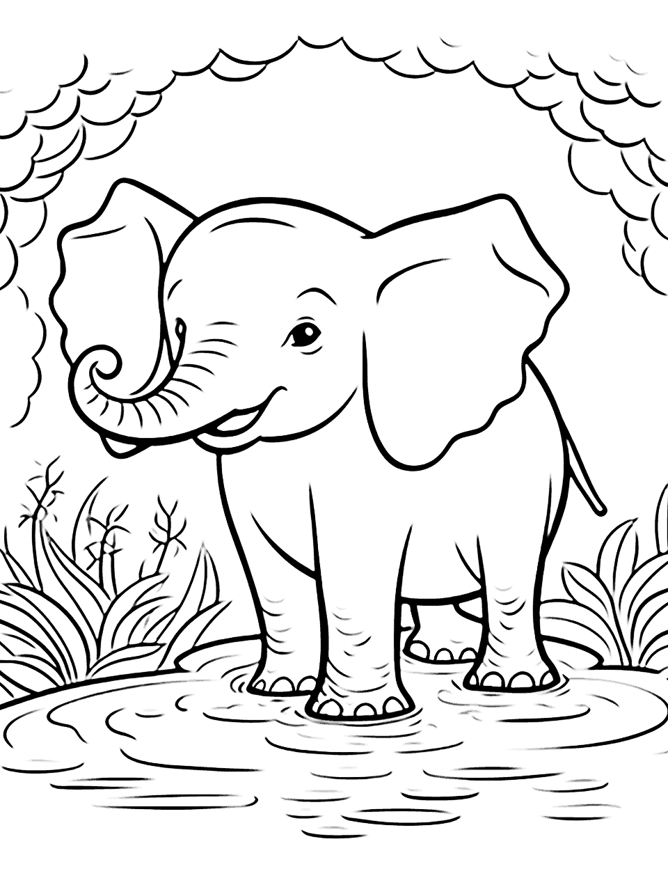 Jungle Elephant Bath Animal Coloring Page - An elephant playfully splashes water on itself in a jungle river. Jungle Elephant Bath Animal Coloring Page - An elephant playfully splashes water on itself in a jungle river.
