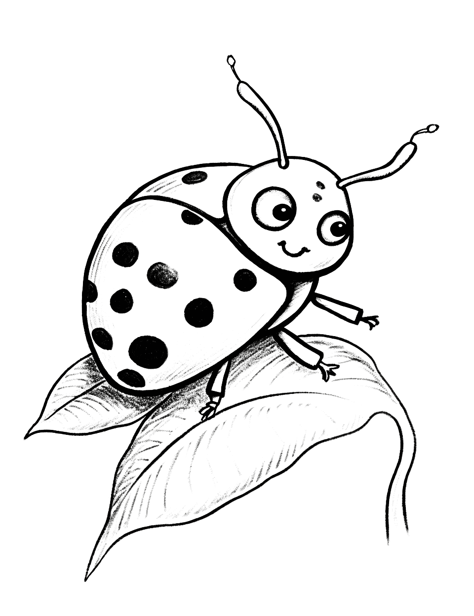 Happy Ladybug Animal Coloring Page - A cheerful ladybug with vibrant spots, sitting on a leaf.