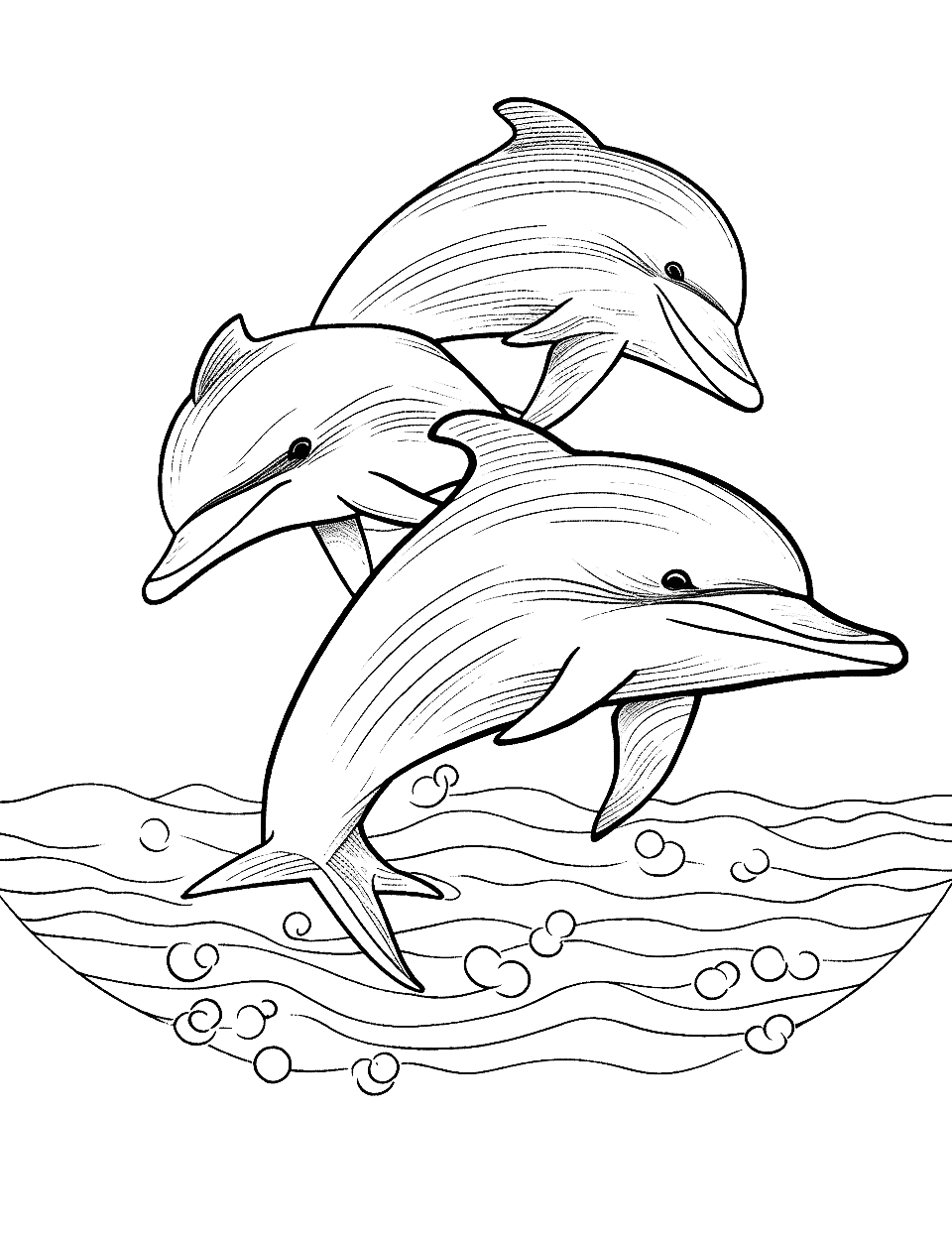 Playful Dolphin Pod Coloring Page - A group of dolphins leaping and playing together in the ocean waves.