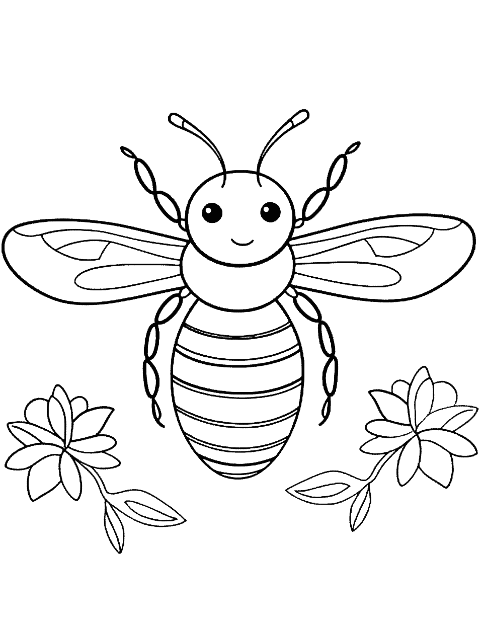 Busy Bee Coloring Page - A bee collecting nectar from a flower, surrounded by buzzing activity.