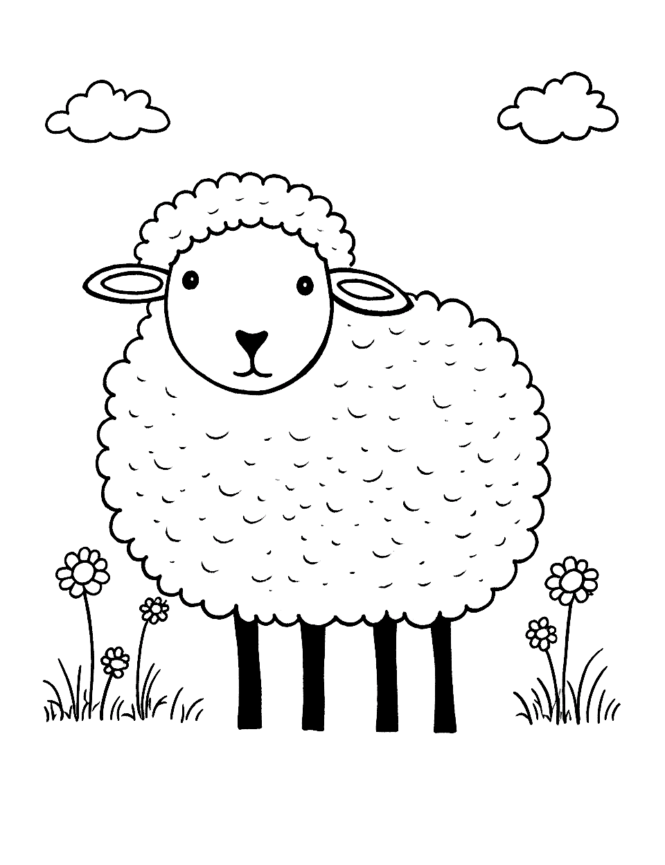 Fluffy Sheep Coloring Page - A fluffy sheep grazing peacefully in a meadow.