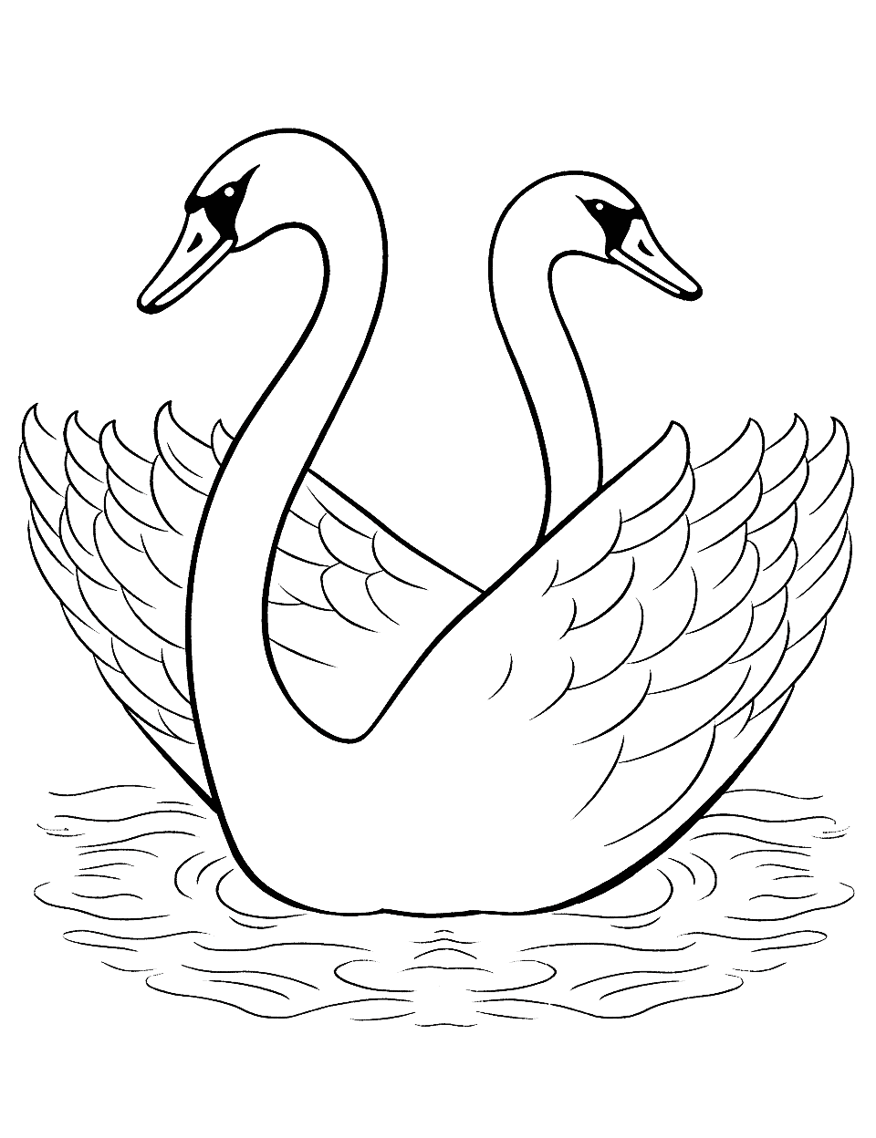 Graceful Swan Pair Animal Coloring Page - A pair of swans swimming together, forming a heart shape with their necks.