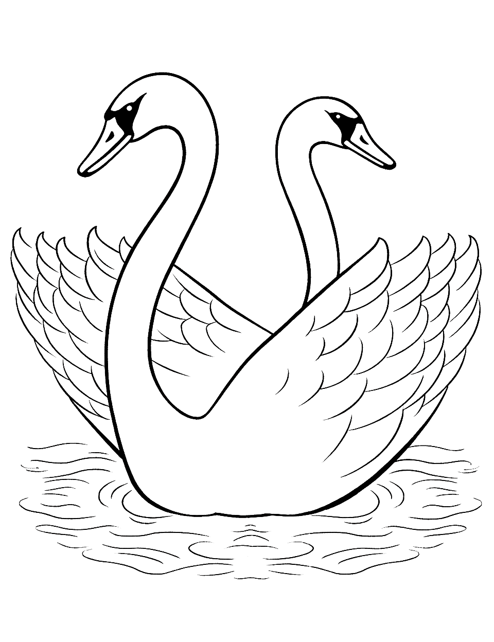 Graceful Swan Pair Coloring Page - A pair of swans swimming together, forming a heart shape with their necks.