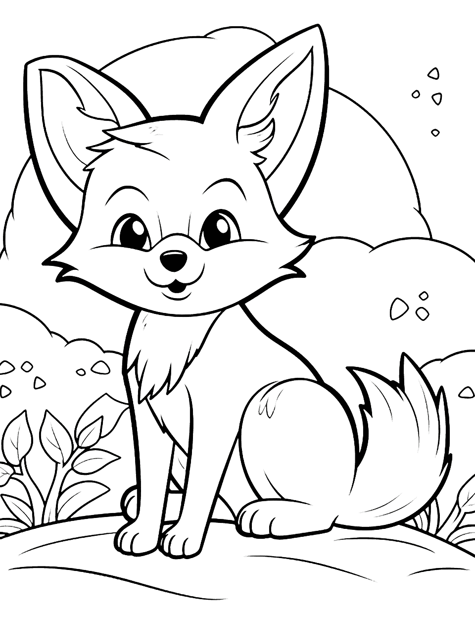 Wise Fox Coloring Page - A clever fox sitting in a thoughtful pose, surrounded by a forest backdrop.