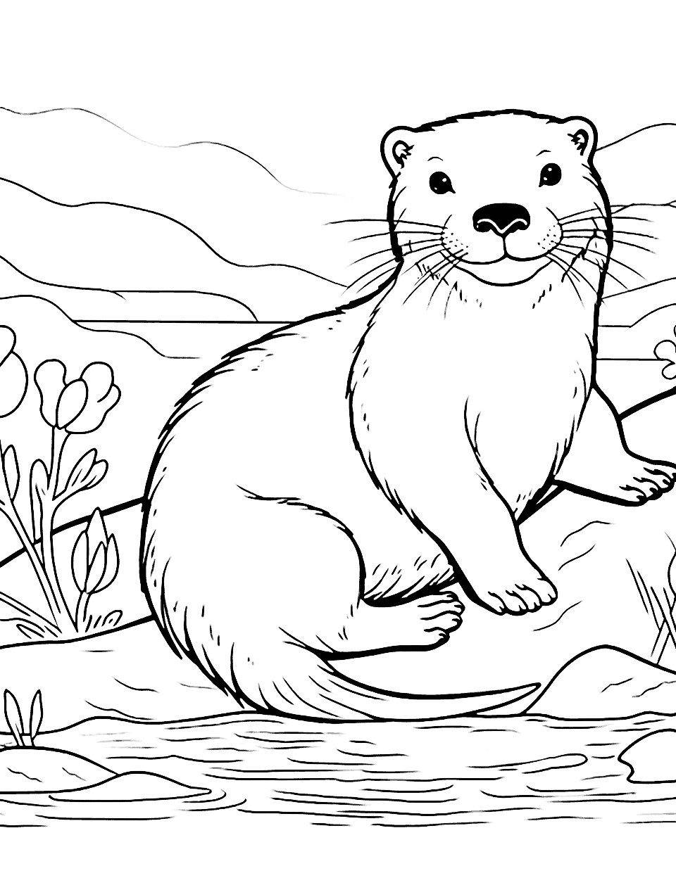 Playful Otter Sliding Animal Coloring Page - An otter sliding down a riverbank, full of joy and playfulness.