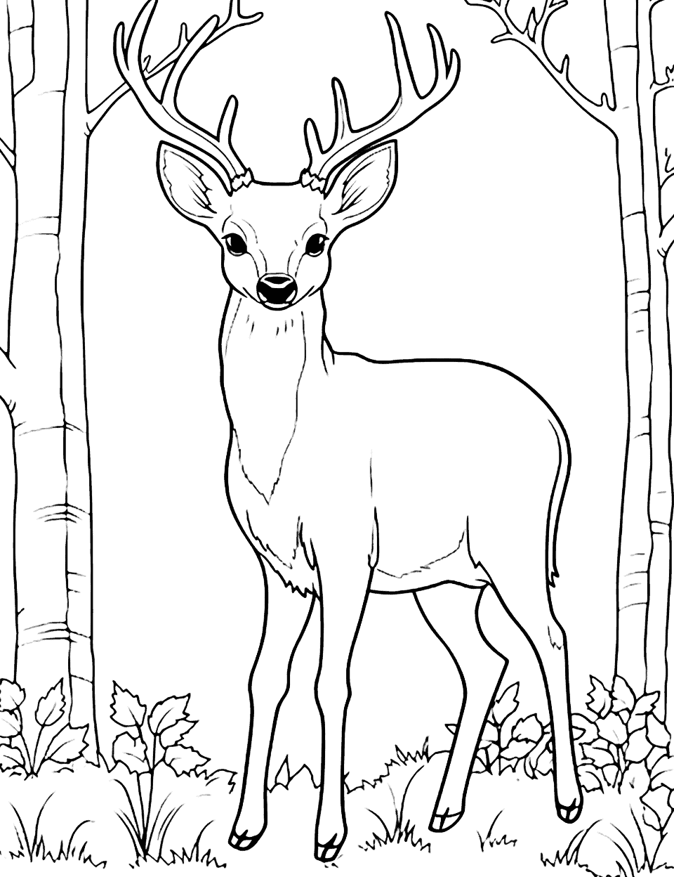 Gentle Deer Animal Coloring Page - A gentle deer standing gracefully in a serene forest clearing.
