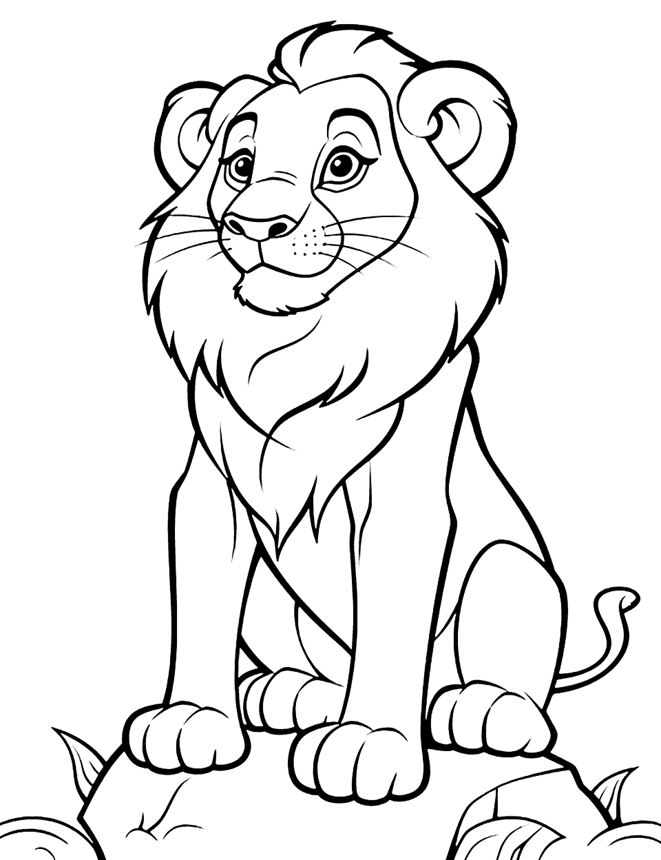 Wise Lion King Animal Coloring Page - A lion sitting on a rock symbolizes power, wisdom, and leadership. Wise Lion King Animal Coloring Page - A lion sitting on a rock symbolizes power, wisdom, and leadership.