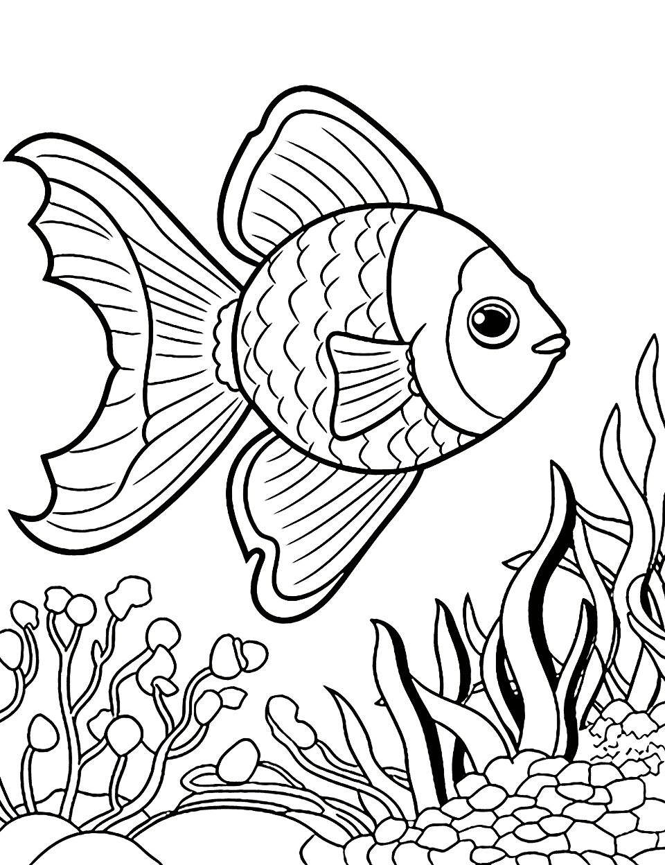 Colorful Tropical Fish Animal Coloring Page - A variety of colorful fish swimming among coral reefs in tropical waters.