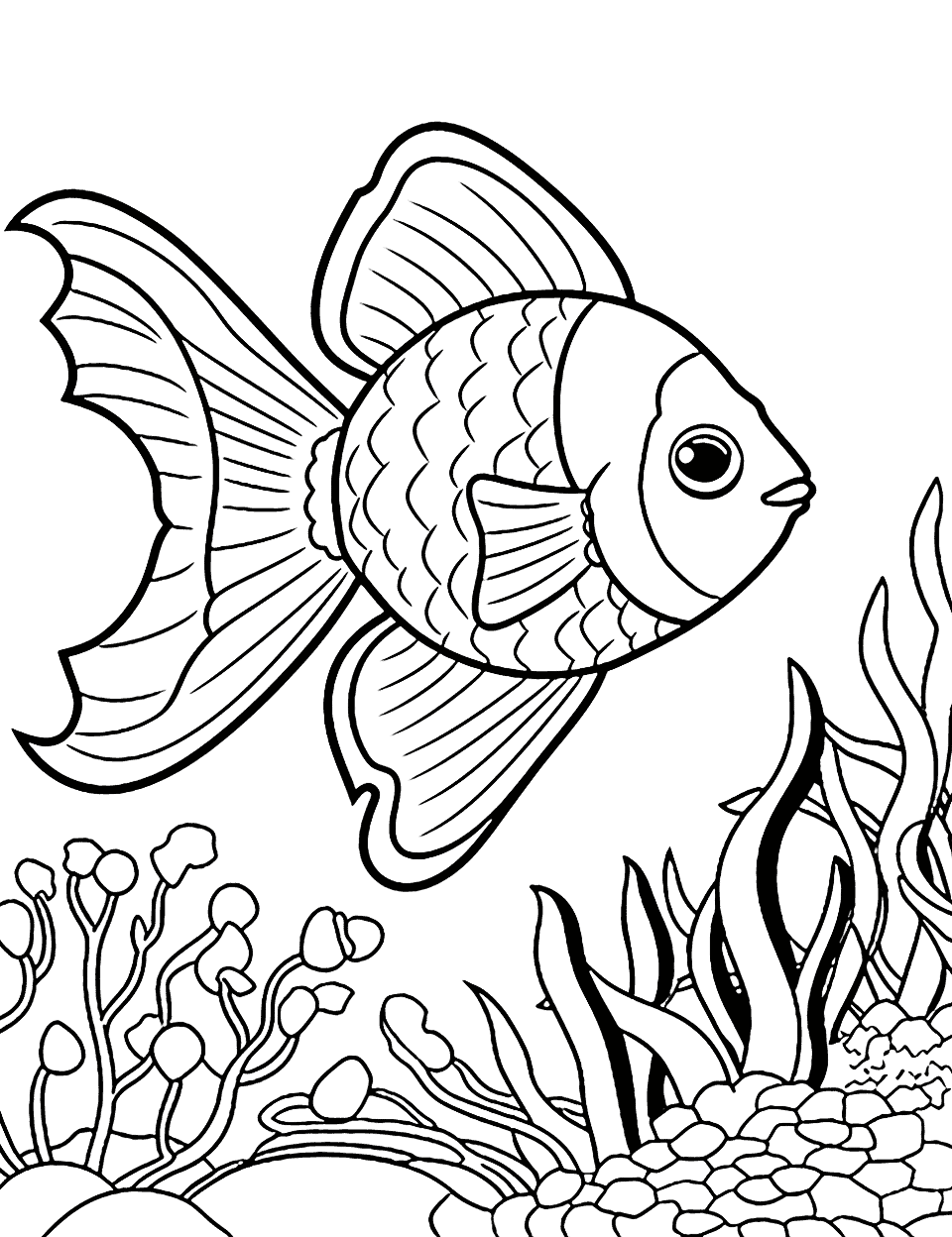 Colorful Tropical Fish Coloring Page - A variety of colorful fish swimming among coral reefs in tropical waters.