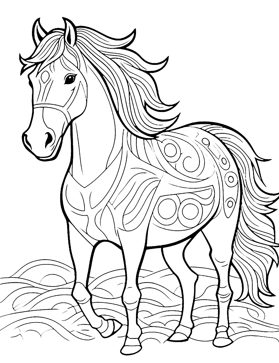 Detailed Mandala Horse Animal Coloring Page - A horse-shaped mandala design with intricate patterns to color.