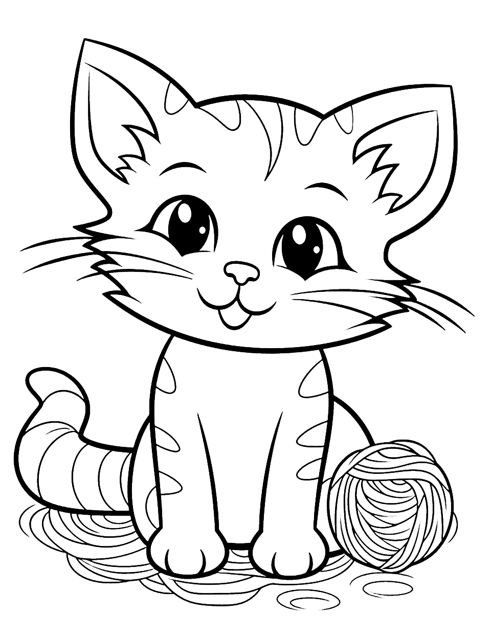 Playful Kitten in Yarn Animal Coloring Page - A cute kitten tangled up in colorful yarn, looking mischievous.