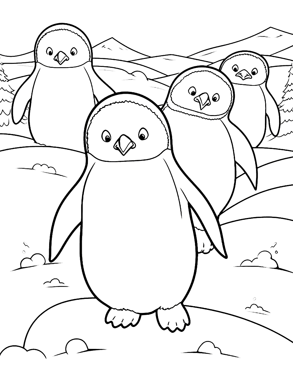 Happy Penguins Animal Coloring Page - A group of penguins sliding on their bellies, having a fun time in the snow.