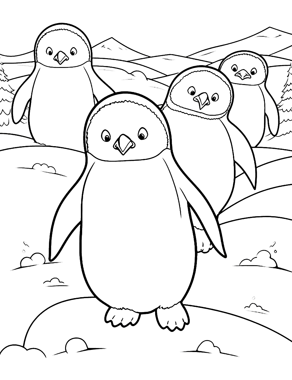 Happy Penguins Coloring Page - A group of penguins sliding on their bellies, having a fun time in the snow.